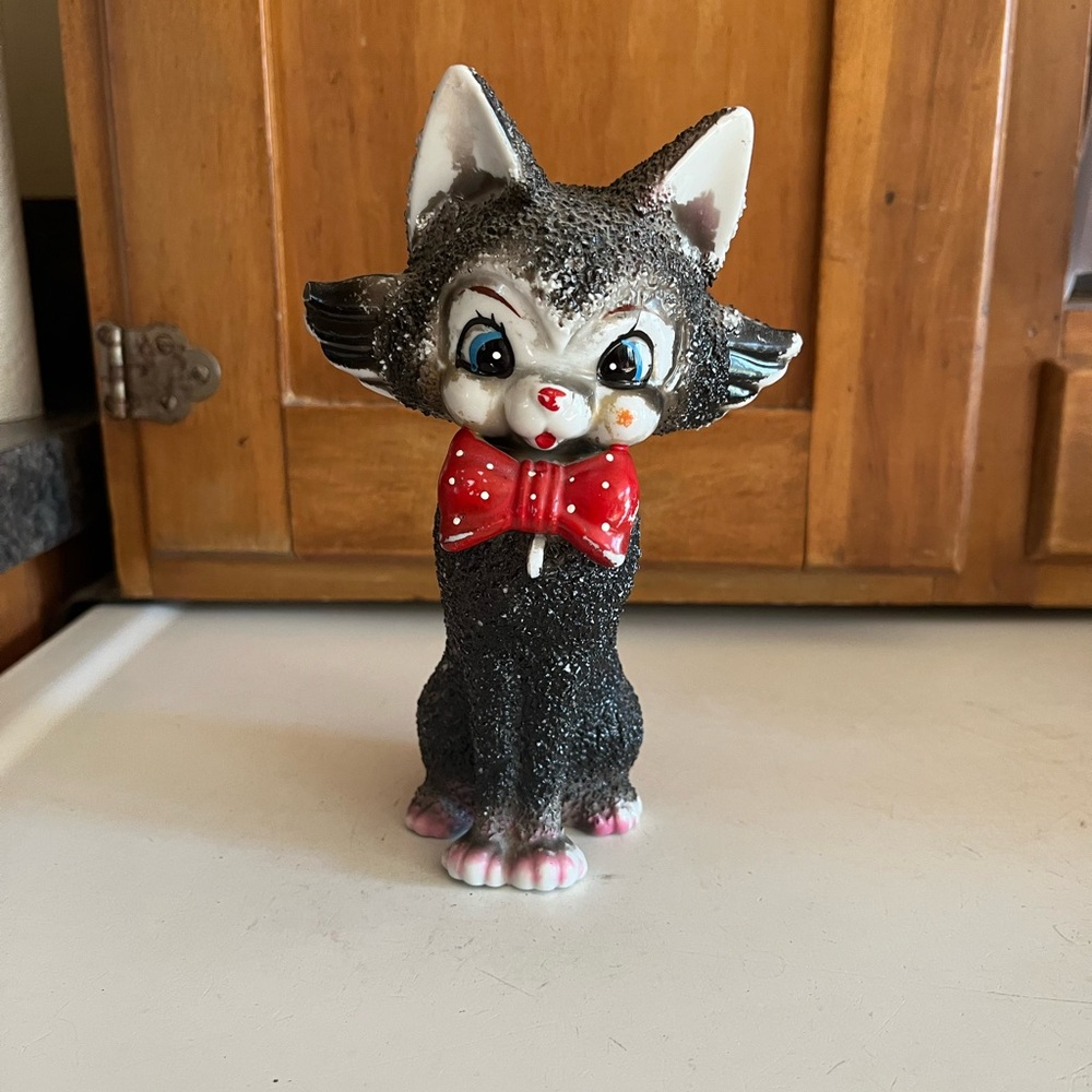 Vintage “Kitschy” Black Ceramic Cat Figurine with Red Bow